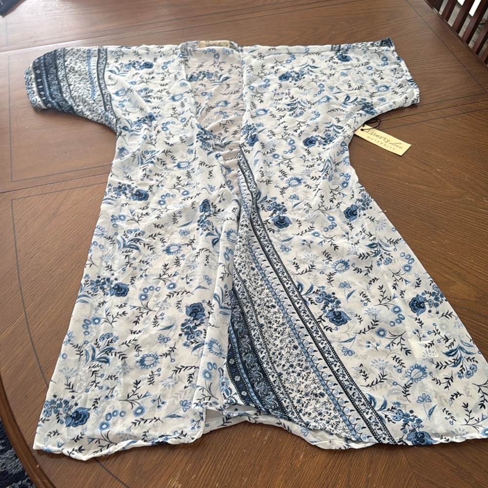 Sheer Floral Kaftan Cardigan Tunic 1/2 sleeves chiffon print Sz Small Maternity